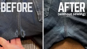 Before and after pictures of Fixing the Ripped Crotch of your Jeans (Without Sewing)